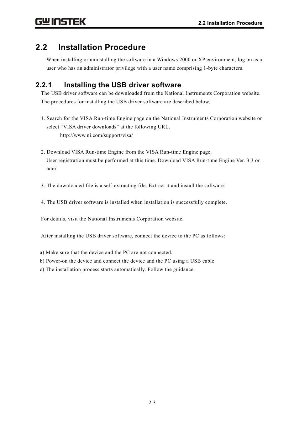 2 installation procedure, 1 installing the usb driver software | GW Instek APS-1102 Control Software User Manual User Manual | Page 19 / 134