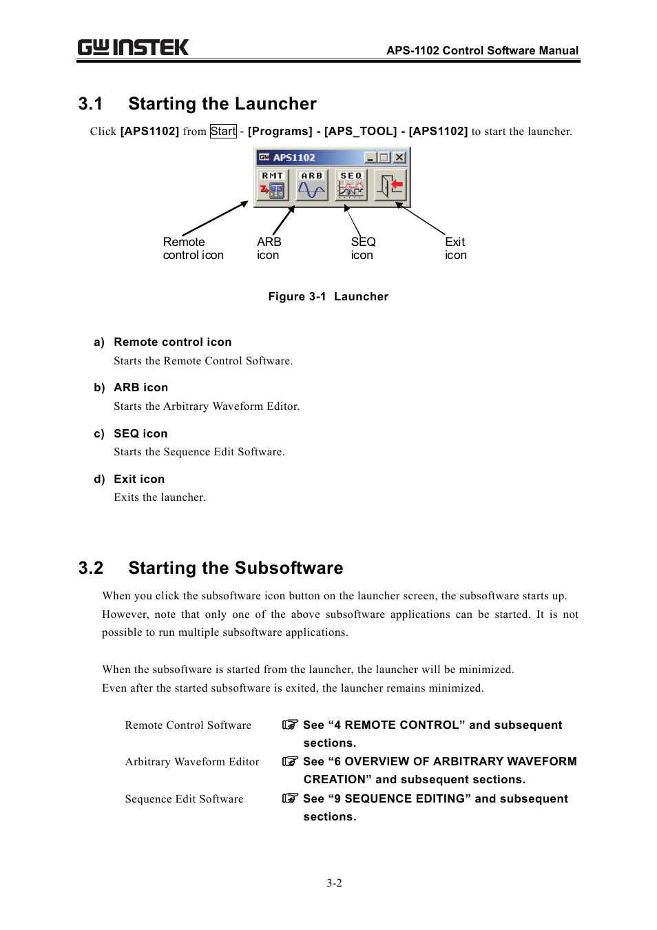 1 starting the launcher, 2 starting the subsoftware | GW Instek APS-1102 Control Software User Manual User Manual | Page 22 / 134