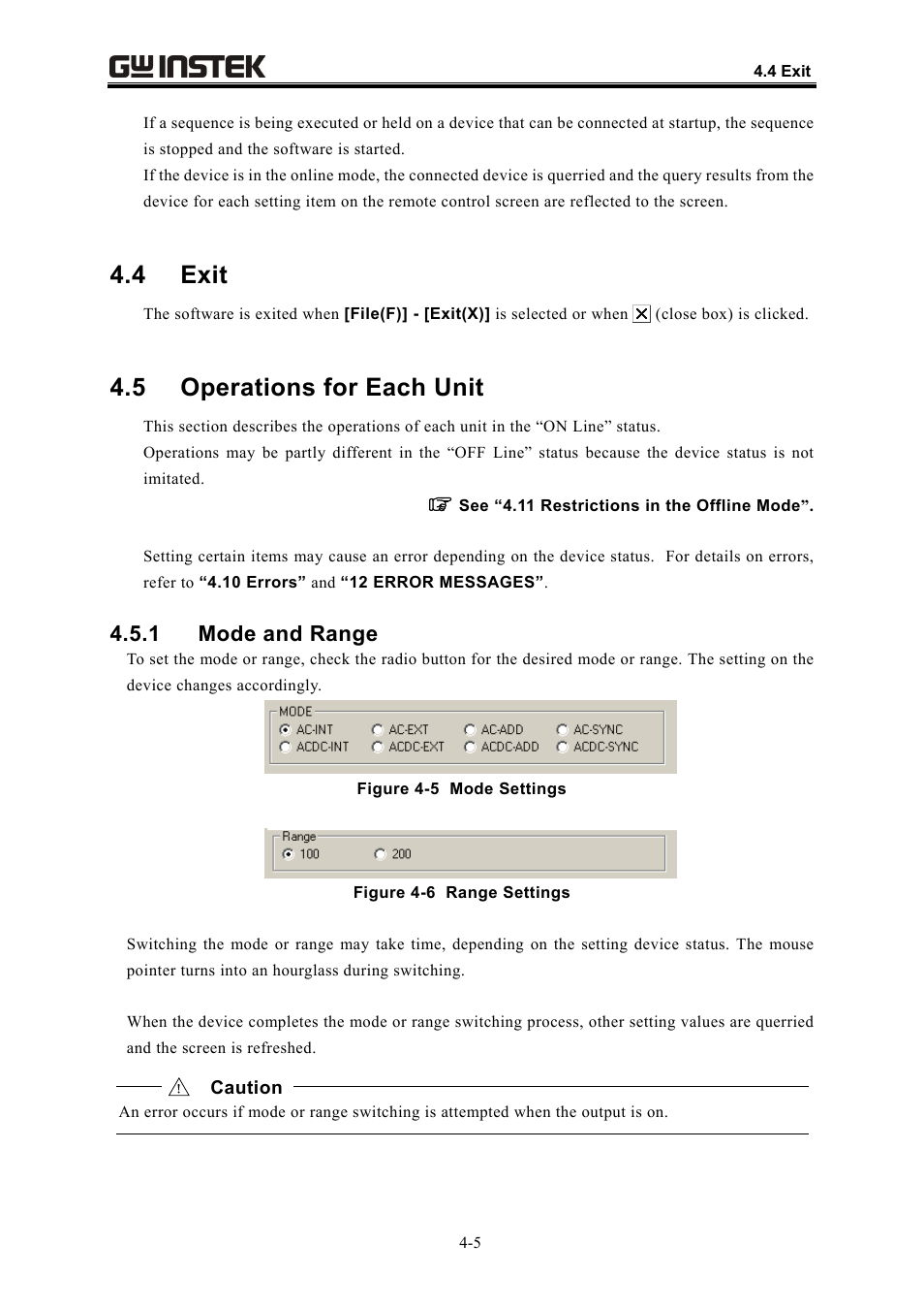 4 exit, 5 operations for each unit, 1 mode and range | GW Instek APS-1102 Control Software User Manual User Manual | Page 29 / 134