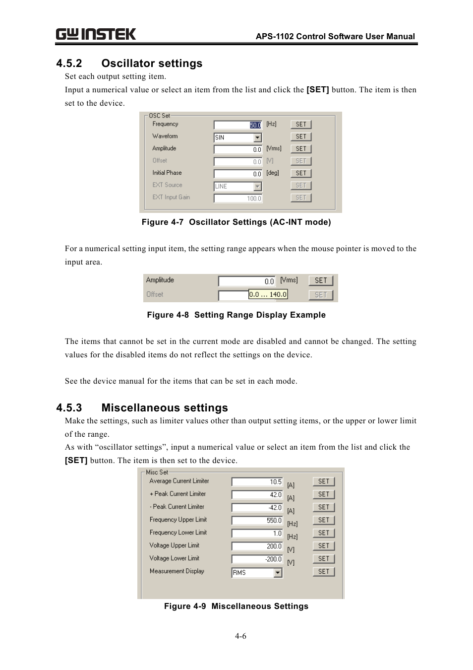 2 oscillator settings, 3 miscellaneous settings | GW Instek APS-1102 Control Software User Manual User Manual | Page 30 / 134