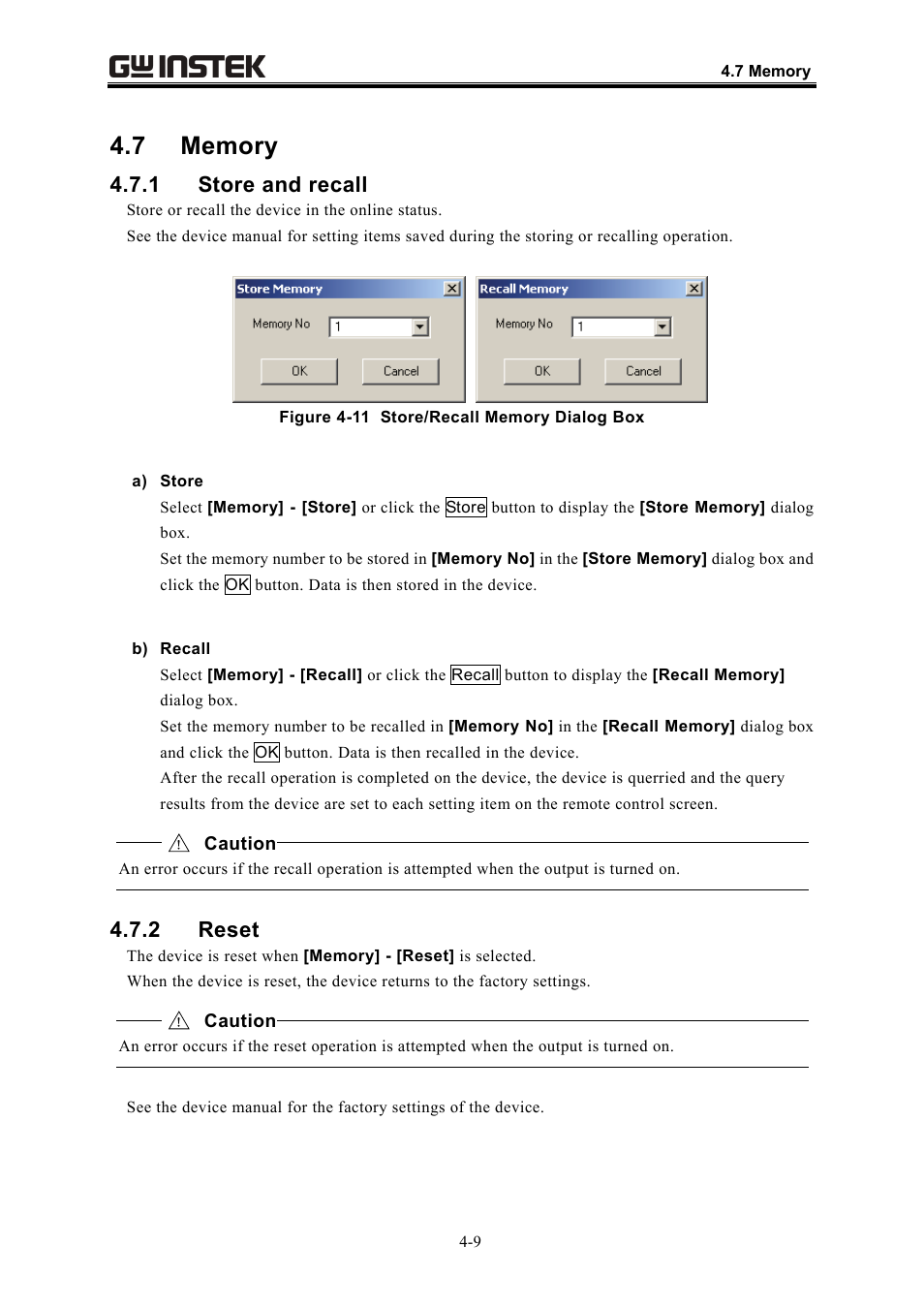 1 store and recall, 2 reset | GW Instek APS-1102 Control Software User Manual User Manual | Page 33 / 134