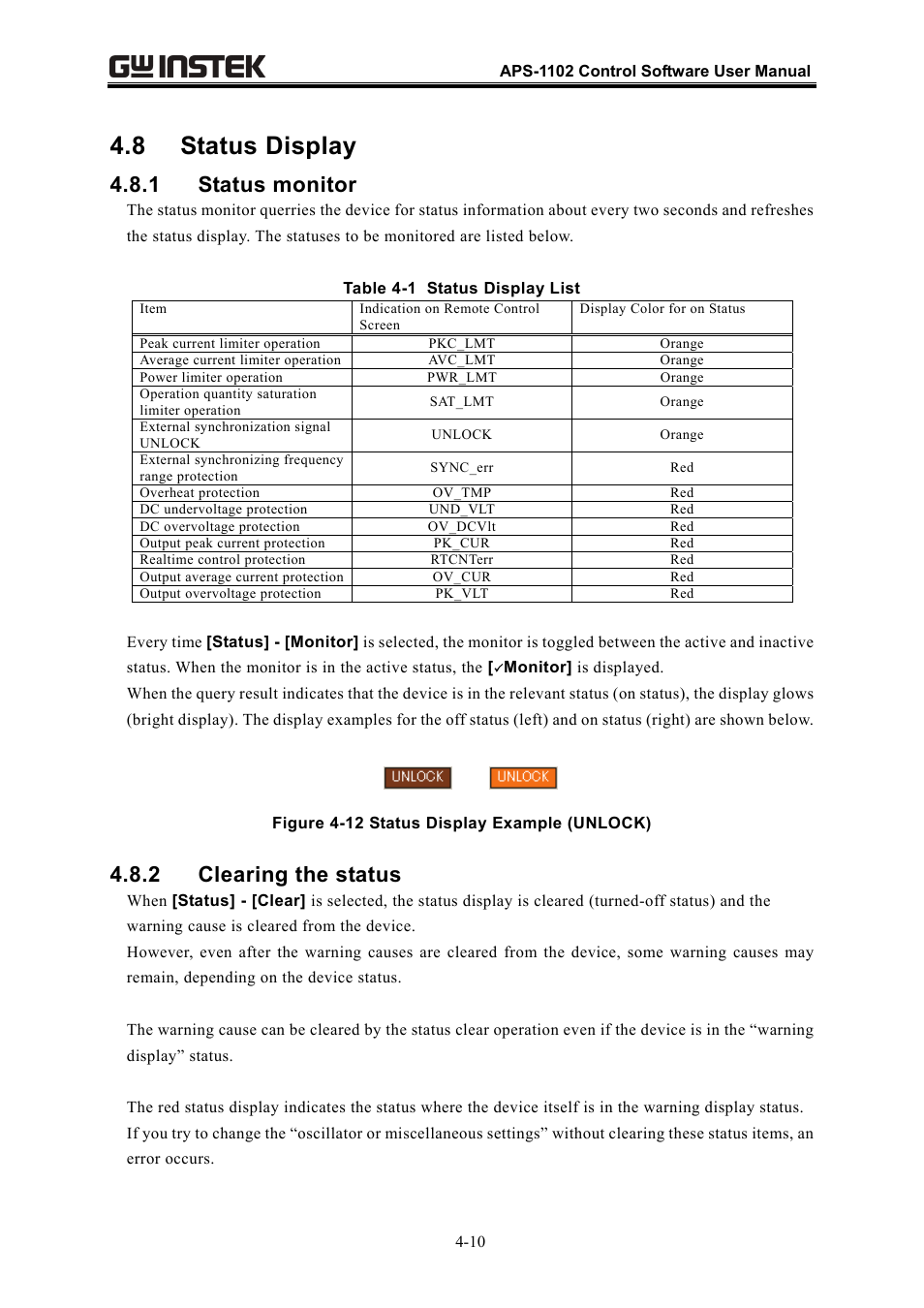 8 status display, 1 status monitor, 2 clearing the status | GW Instek APS-1102 Control Software User Manual User Manual | Page 34 / 134