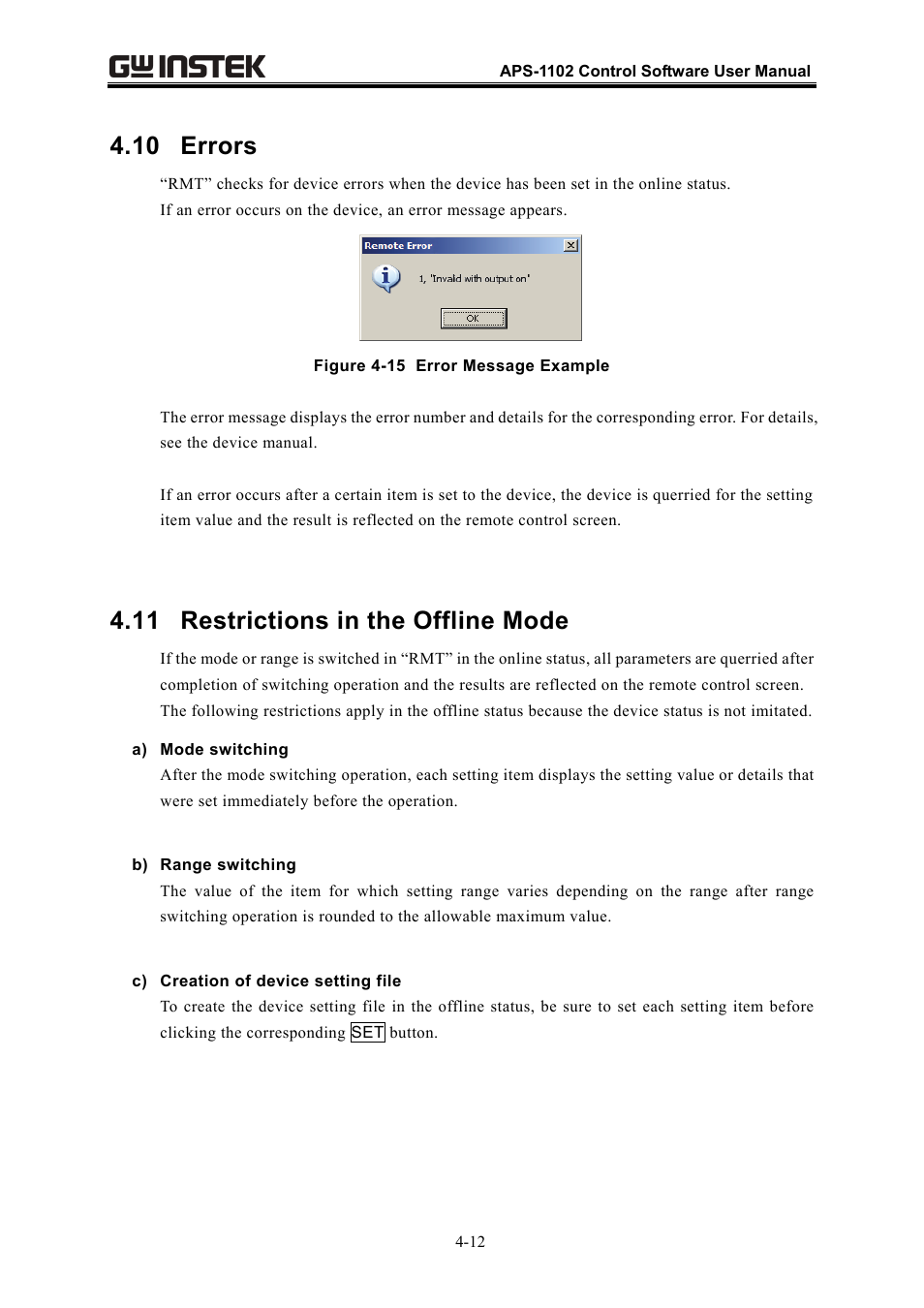 10 errors, 11 restrictions in the offline mode | GW Instek APS-1102 Control Software User Manual User Manual | Page 36 / 134