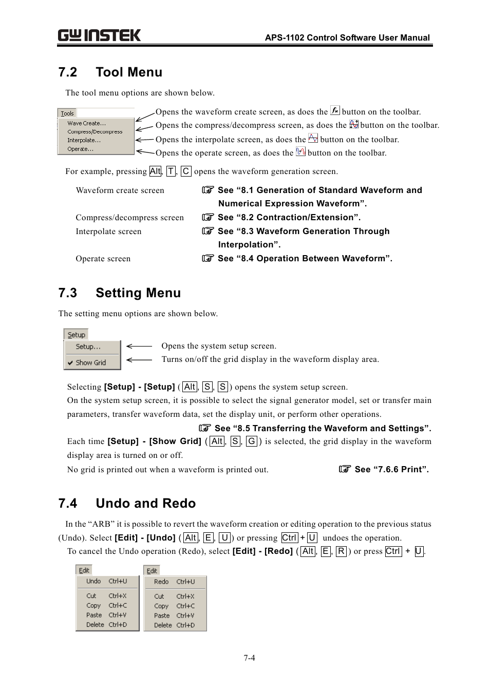 2 tool menu, 3 setting menu, 4 undo and redo | GW Instek APS-1102 Control Software User Manual User Manual | Page 56 / 134