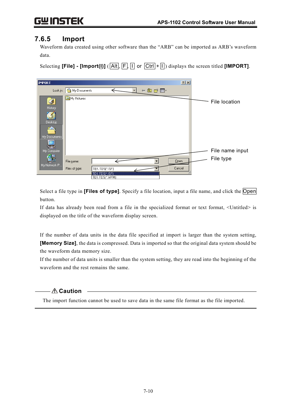 5 import, Caution | GW Instek APS-1102 Control Software User Manual User Manual | Page 62 / 134