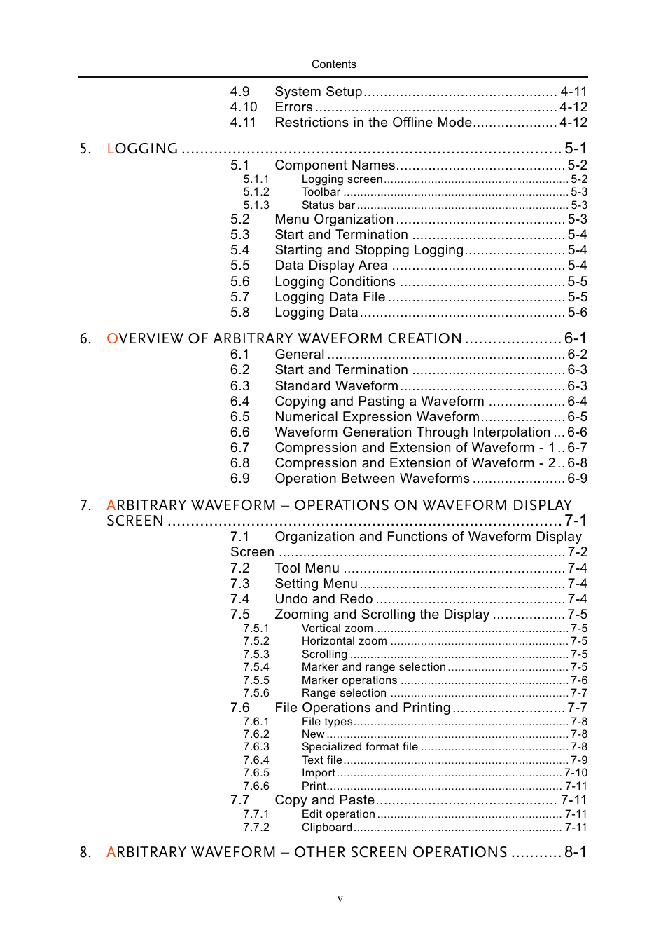 Logging -1, Overview of arbitrary waveform creation -1, Arbitrary waveform  other screen operations -1 | GW Instek APS-1102 Control Software User Manual User Manual | Page 7 / 134
