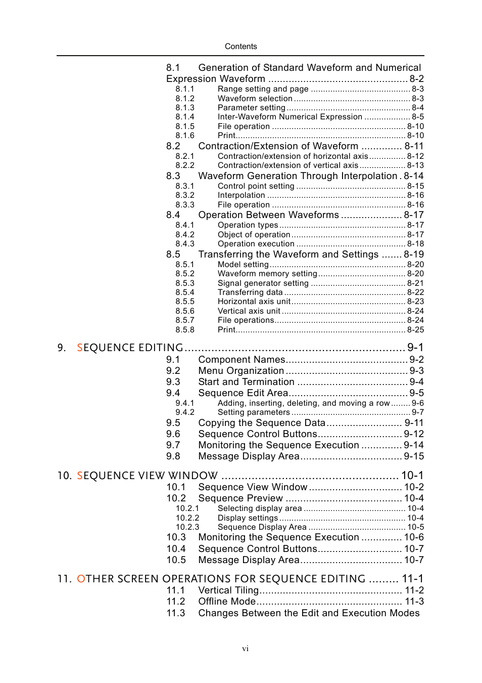 Sequence editing -1, Sequence view window -1, Other screen operations for sequence editing -1 | GW Instek APS-1102 Control Software User Manual User Manual | Page 8 / 134