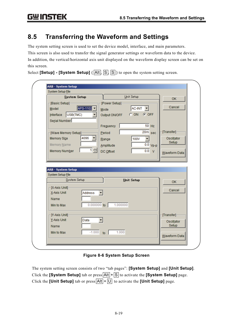 5 transferring the waveform and settings | GW Instek APS-1102 Control Software User Manual User Manual | Page 83 / 134