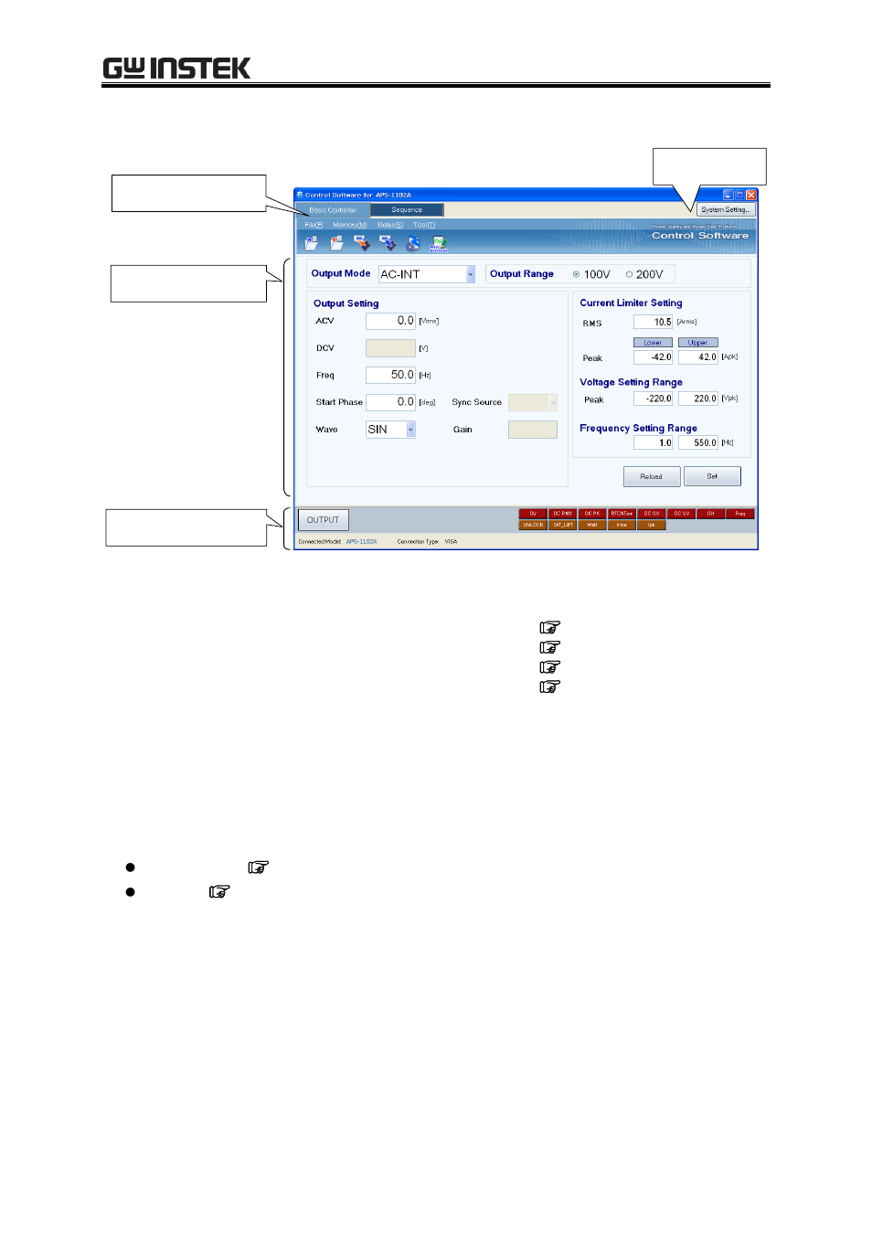 Composition of main window, Function switching and function display section, Figure 3-4 composition of main window | Function switching and function display, Section, 3 composition of main window | GW Instek APS-1102 Control Software User Manual User Manual | Page 24 / 96