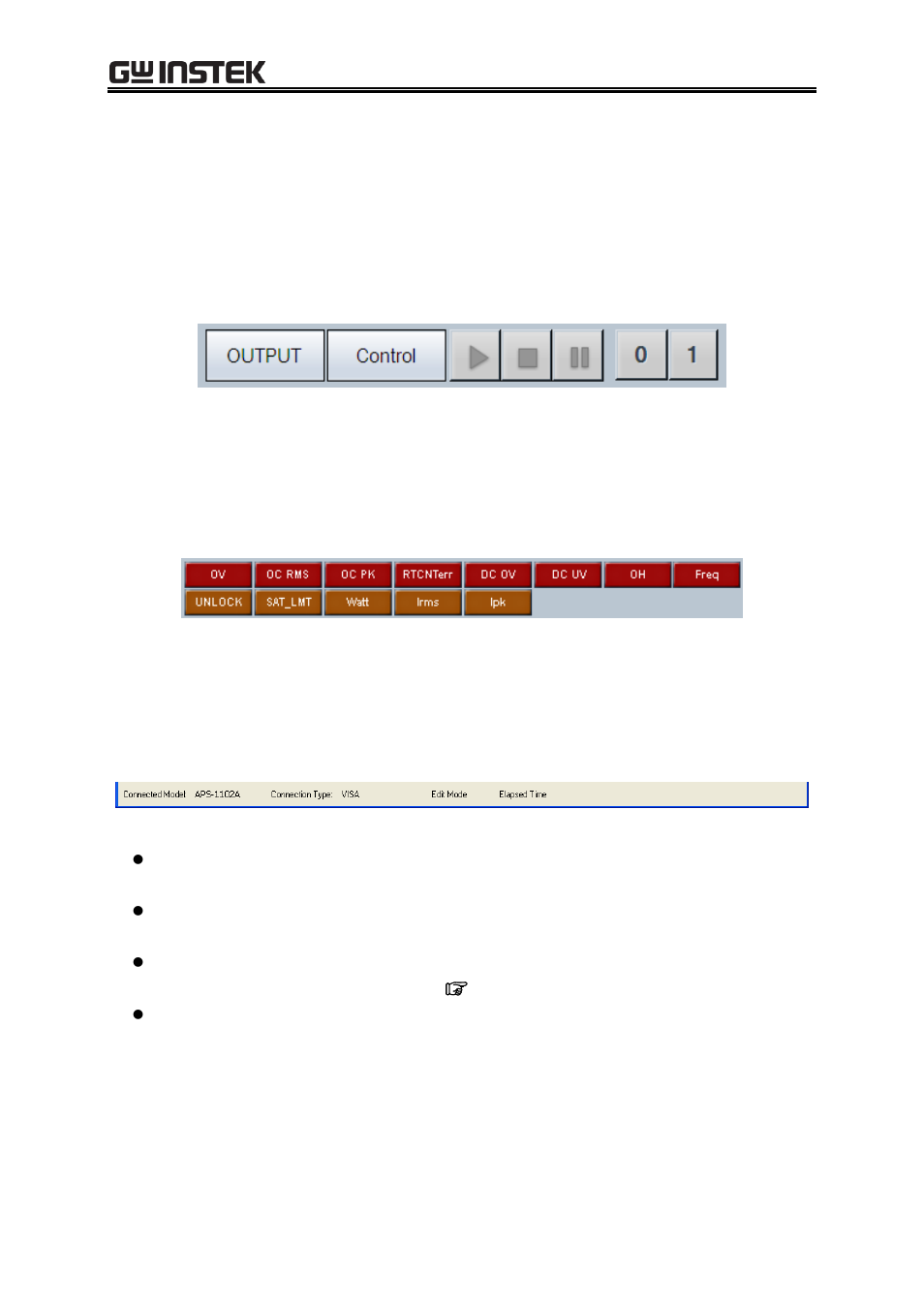 Common display section, Operation bar, Status monitor | Status bar, Figure 3-5 operation bar, Figure 3-6 status monitor, Figure 3-7 status bar | GW Instek APS-1102 Control Software User Manual User Manual | Page 25 / 96