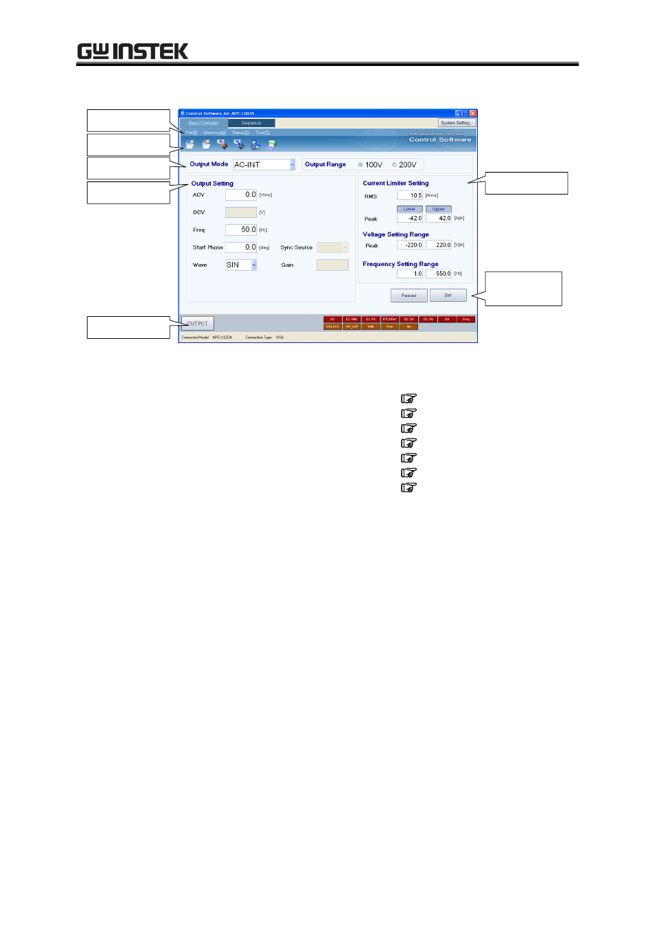 Name of each component in the window, Figure 4-1 basic controller window, 1 name of each component in the window | GW Instek APS-1102 Control Software User Manual User Manual | Page 28 / 96