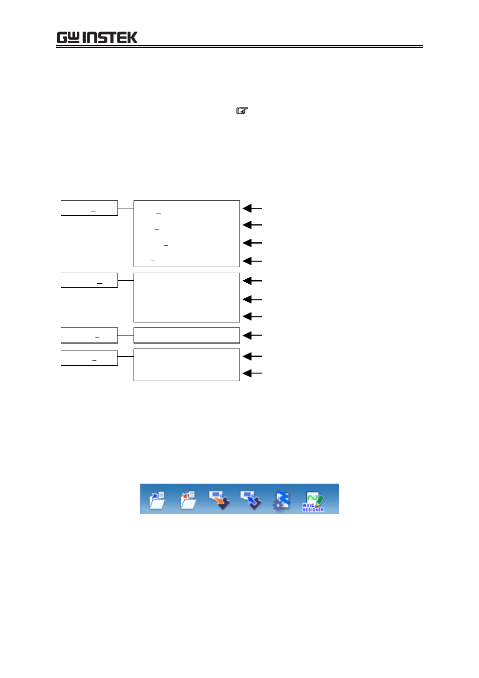 Operations on each section, Menu bar, Tool bar | Figure 4-2 basic controller window menus, Figure 4-3 basic controller tool bar, 1 menu bar, 2 tool bar | GW Instek APS-1102 Control Software User Manual User Manual | Page 29 / 96