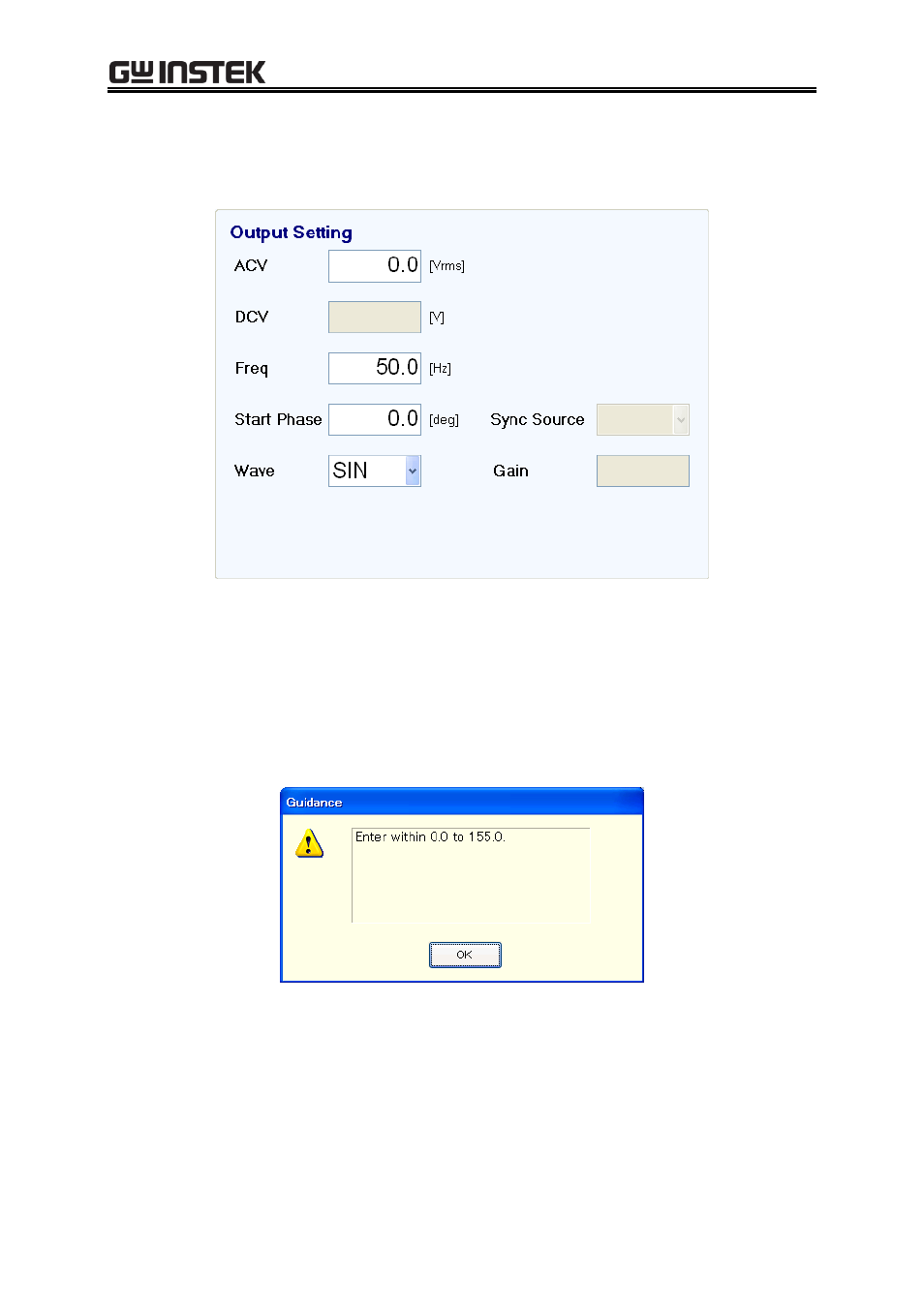 Output setting, Figure 4-7 output setting, Figure 4-8 example of setting range error dialog | GW Instek APS-1102 Control Software User Manual User Manual | Page 31 / 96