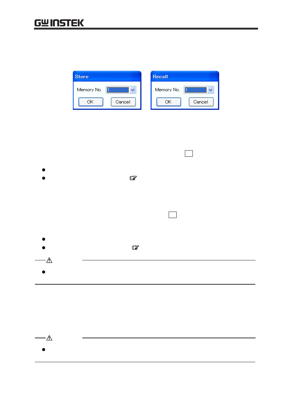 Memory, Store, Recall | Reset, Figure 4-11 store and recall dialogs | GW Instek APS-1102 Control Software User Manual User Manual | Page 34 / 96