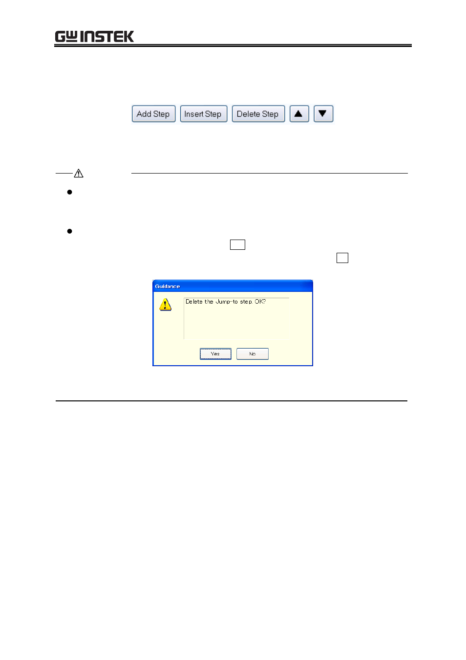 Step arrangement, Figure 5-6 step arrangement buttons, Figure 5-7 confirmation dialog for deleting a step | GW Instek APS-1102 Control Software User Manual User Manual | Page 41 / 96