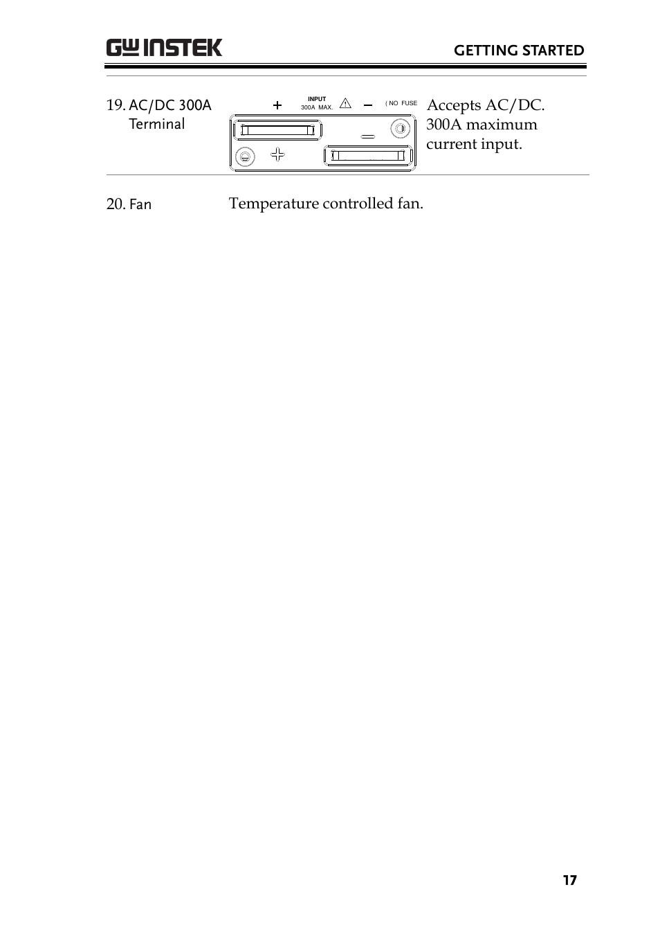 Getting started, Ac/dc 300a terminal | GW Instek PCS-1000 User Manual | Page 17 / 93