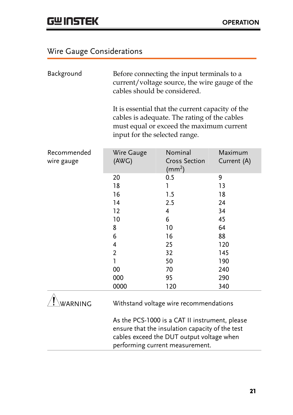 Wire gauge considerations | GW Instek PCS-1000 User Manual | Page 21 / 93