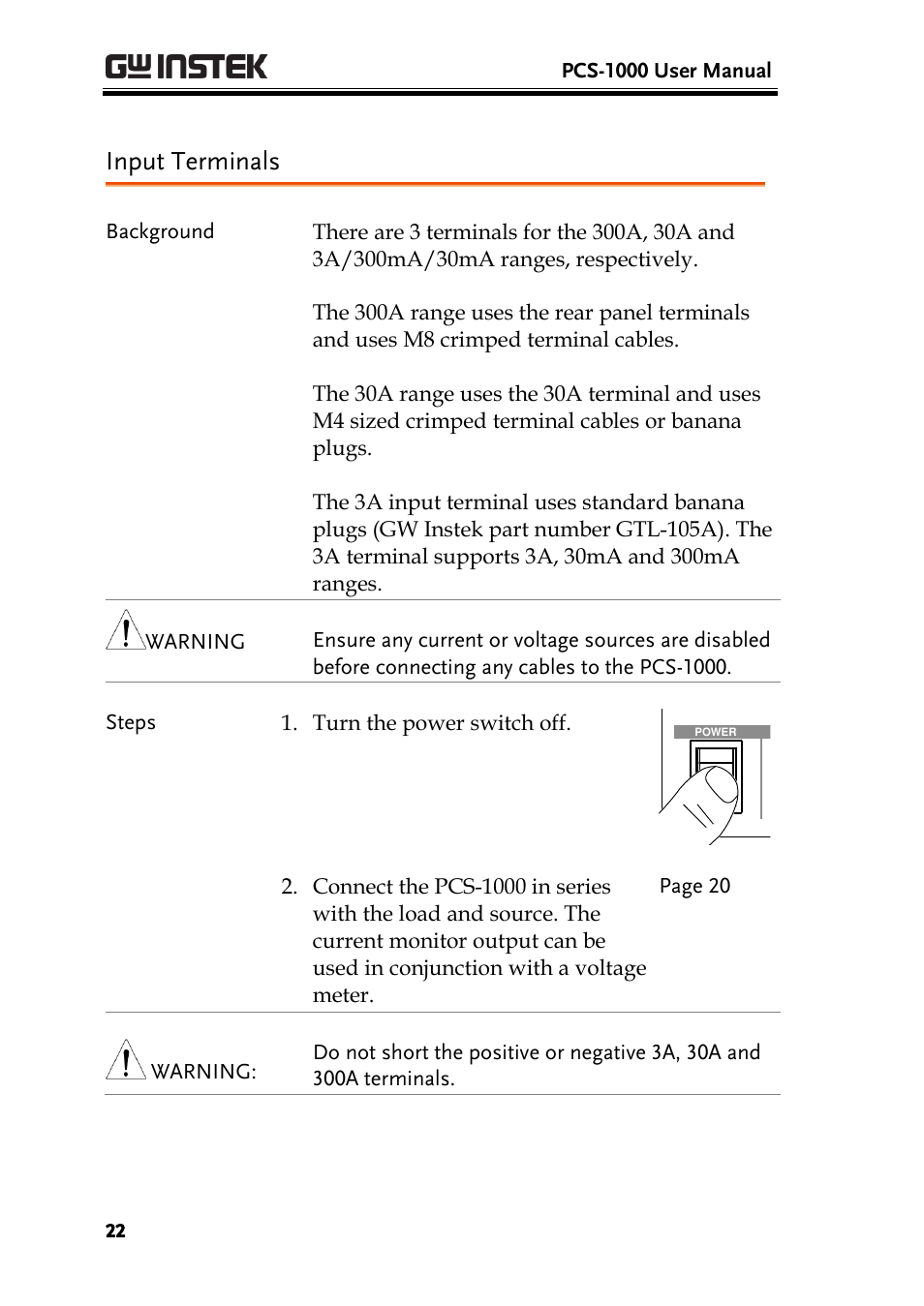 Input terminals | GW Instek PCS-1000 User Manual | Page 22 / 93