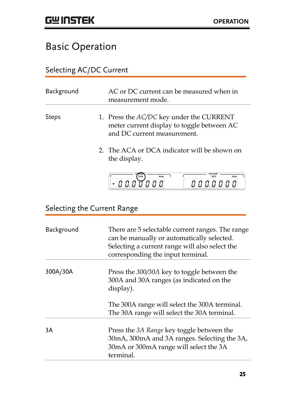 Basic operation, Selecting ac/dc current, Selecting the current range | Operation | GW Instek PCS-1000 User Manual | Page 25 / 93