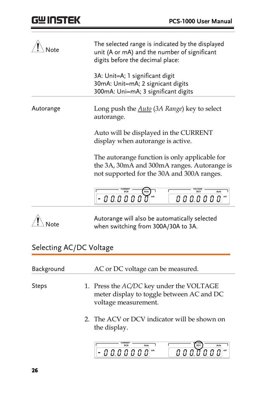 Selecting ac/dc voltage, Pcs-1000 user manual | GW Instek PCS-1000 User Manual | Page 26 / 93