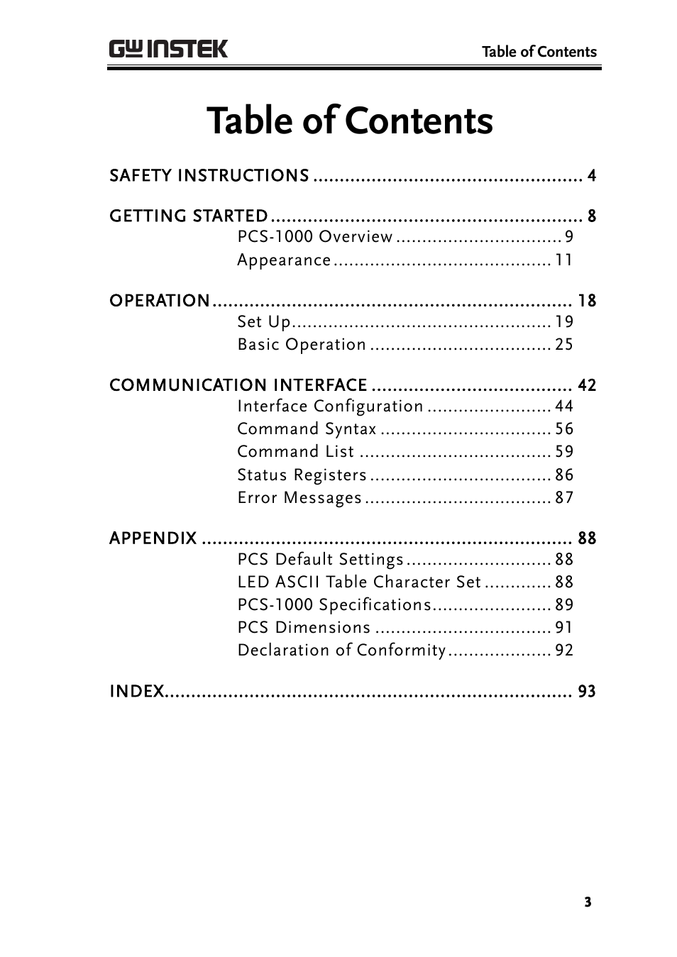 GW Instek PCS-1000 User Manual | Page 3 / 93