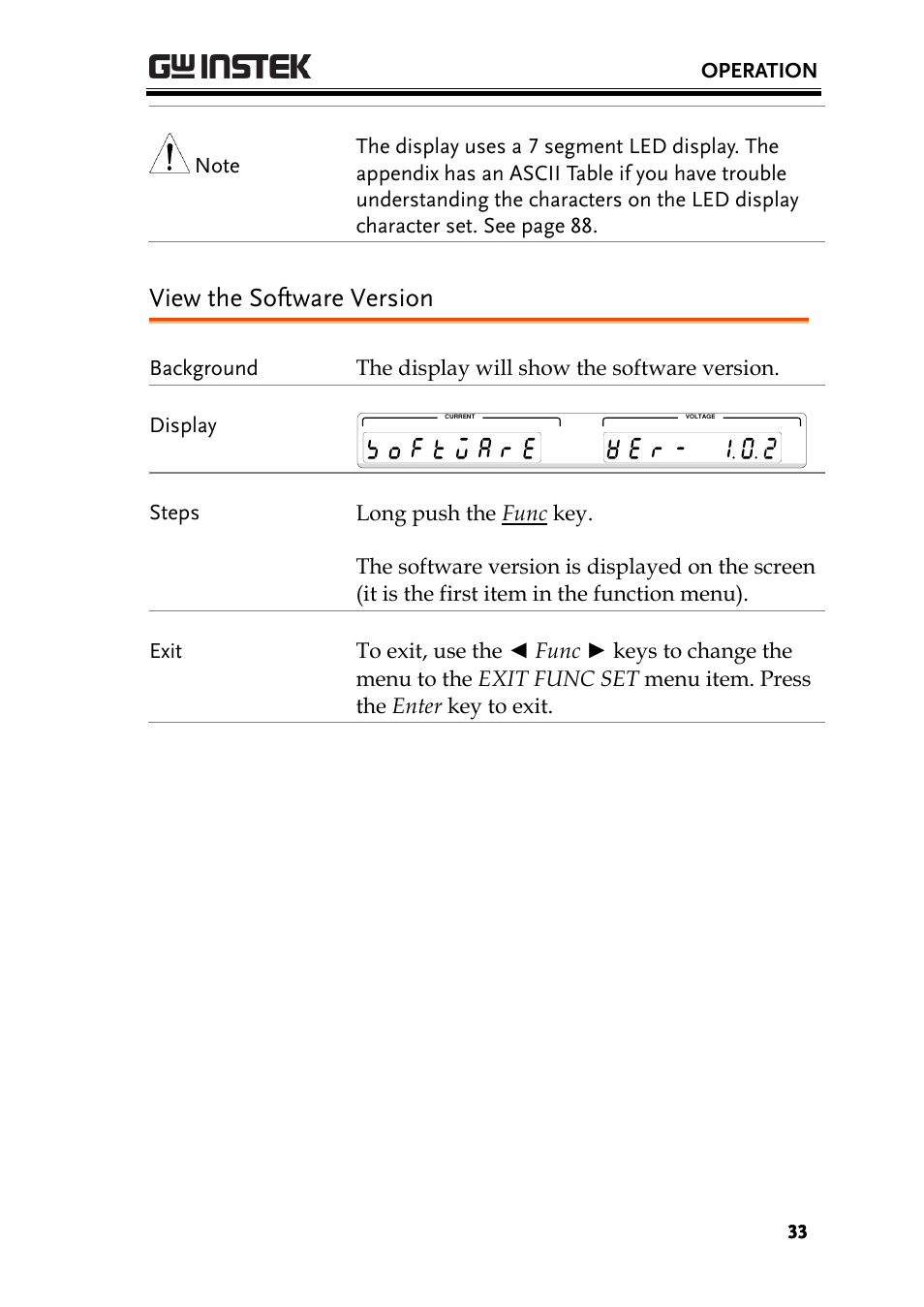 View the software version, Operation | GW Instek PCS-1000 User Manual | Page 33 / 93