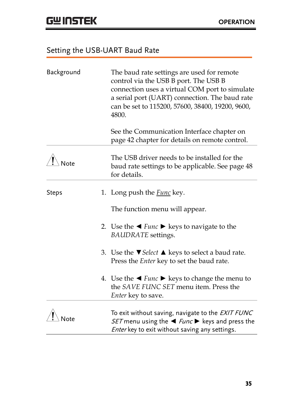 Setting the usb-uart baud rate | GW Instek PCS-1000 User Manual | Page 35 / 93