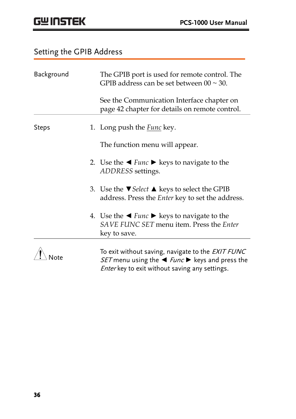 Setting the gpib address | GW Instek PCS-1000 User Manual | Page 36 / 93