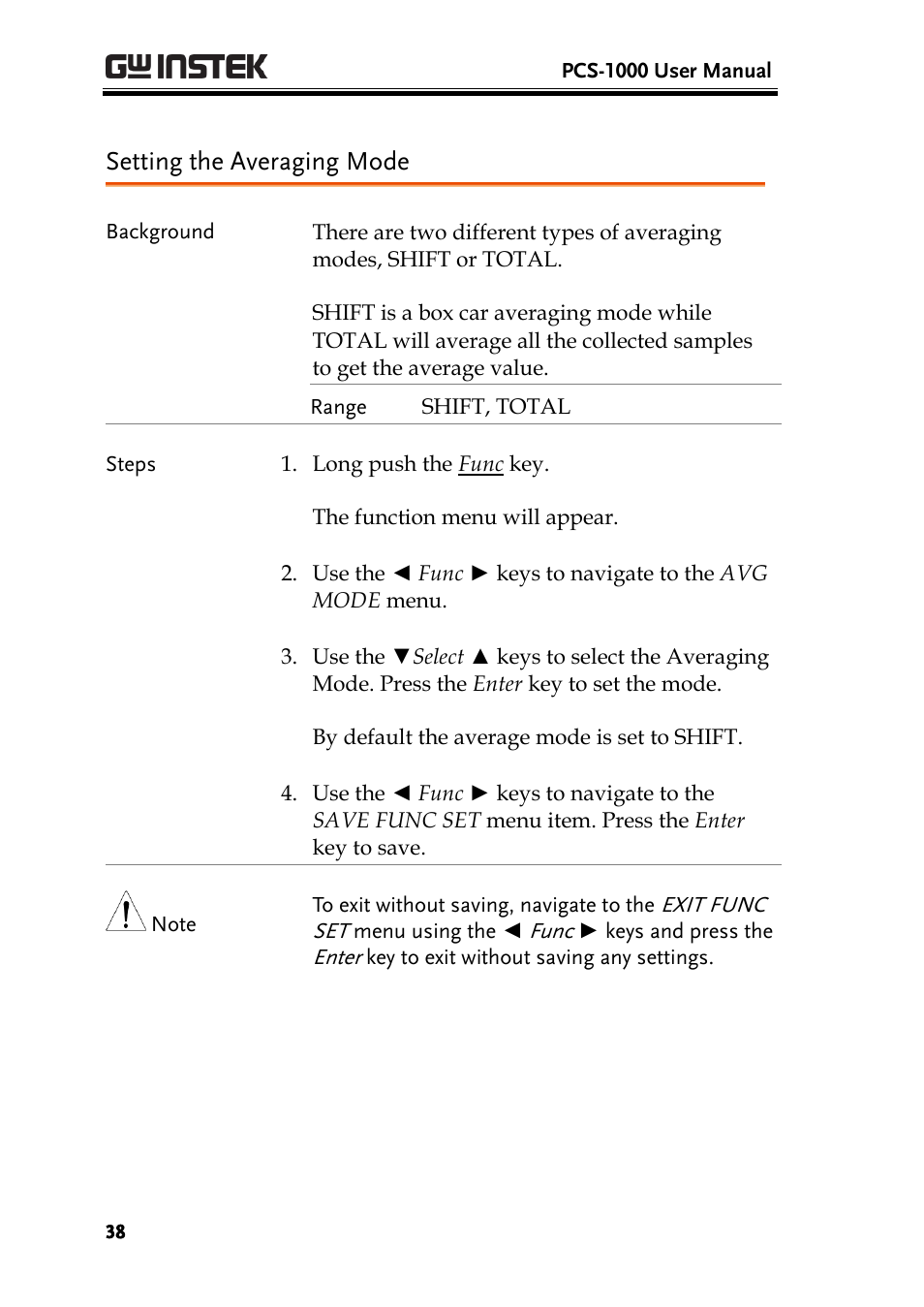 Setting the averaging mode | GW Instek PCS-1000 User Manual | Page 38 / 93