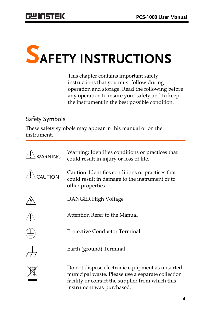Safety instructions, Safety symbols, Afety instructions | GW Instek PCS-1000 User Manual | Page 4 / 93