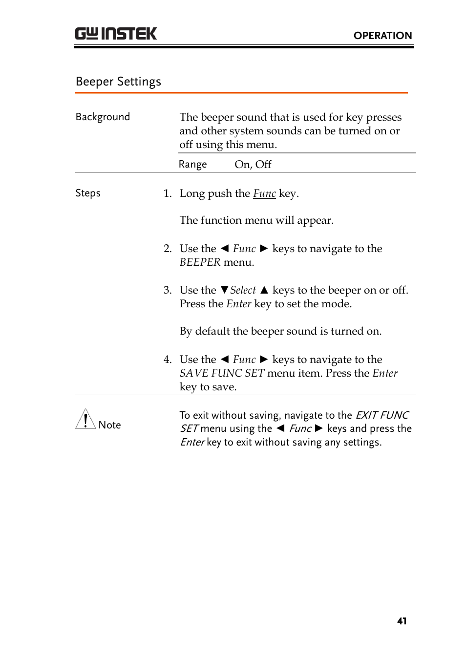 Beeper settings | GW Instek PCS-1000 User Manual | Page 41 / 93