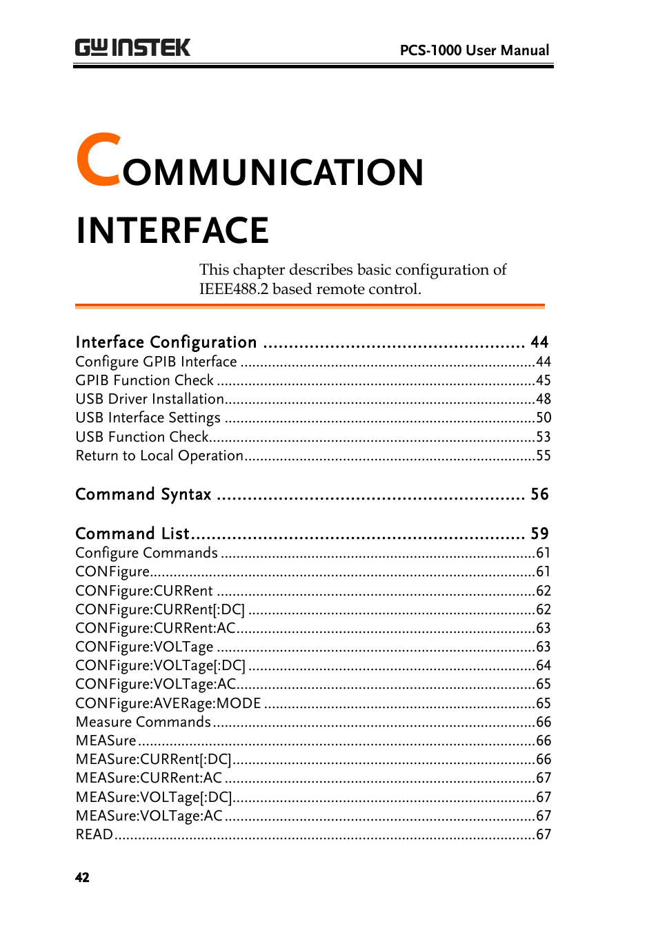 Communication interface, Ommunication interface | GW Instek PCS-1000 User Manual | Page 42 / 93