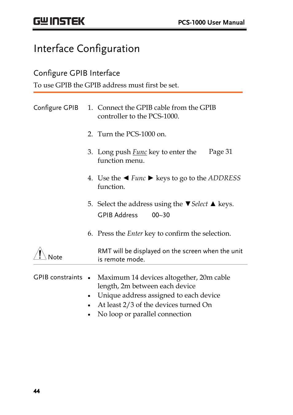 Interface configuration, Configure gpib interface | GW Instek PCS-1000 User Manual | Page 44 / 93