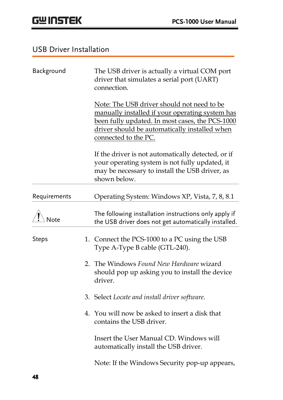 Usb driver installation | GW Instek PCS-1000 User Manual | Page 48 / 93