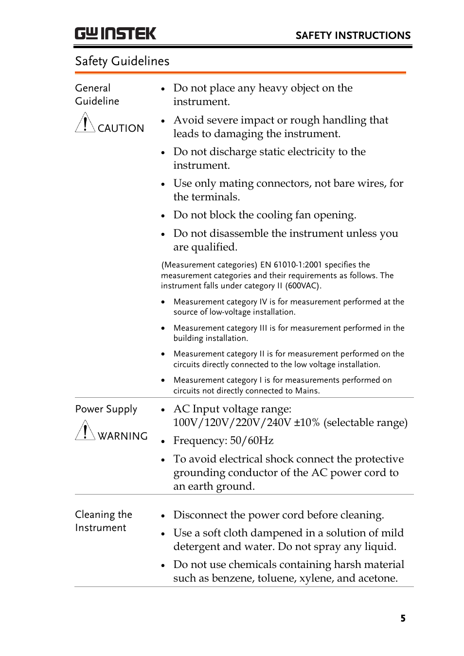 Safety guidelines | GW Instek PCS-1000 User Manual | Page 5 / 93