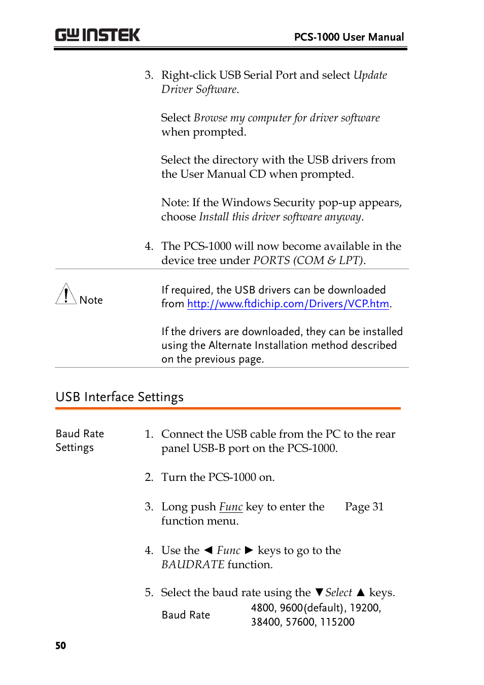 Usb interface settings | GW Instek PCS-1000 User Manual | Page 50 / 93