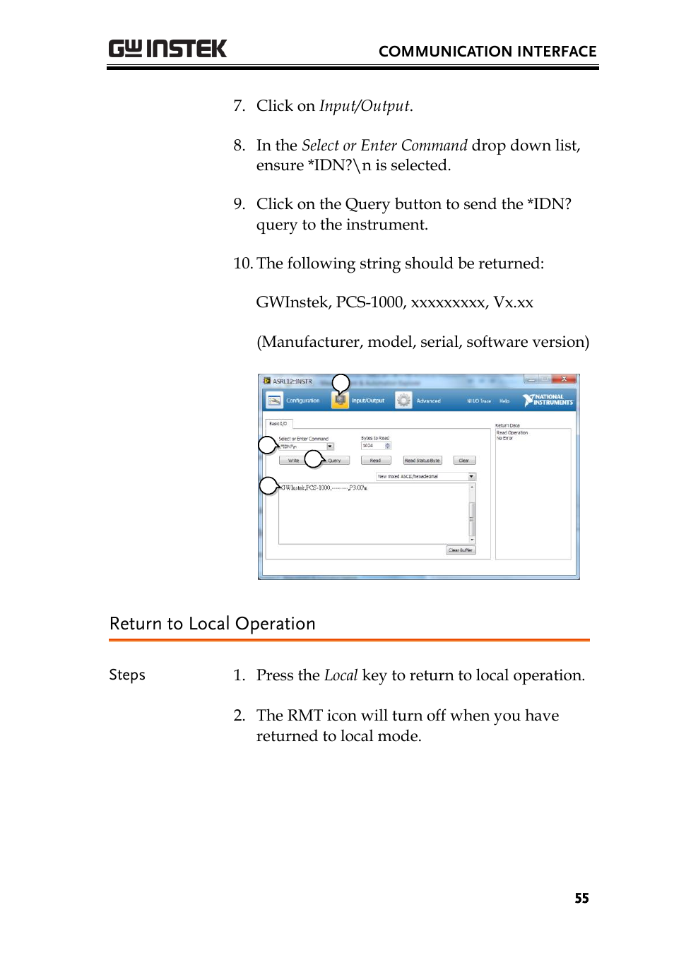 Return to local operation | GW Instek PCS-1000 User Manual | Page 55 / 93