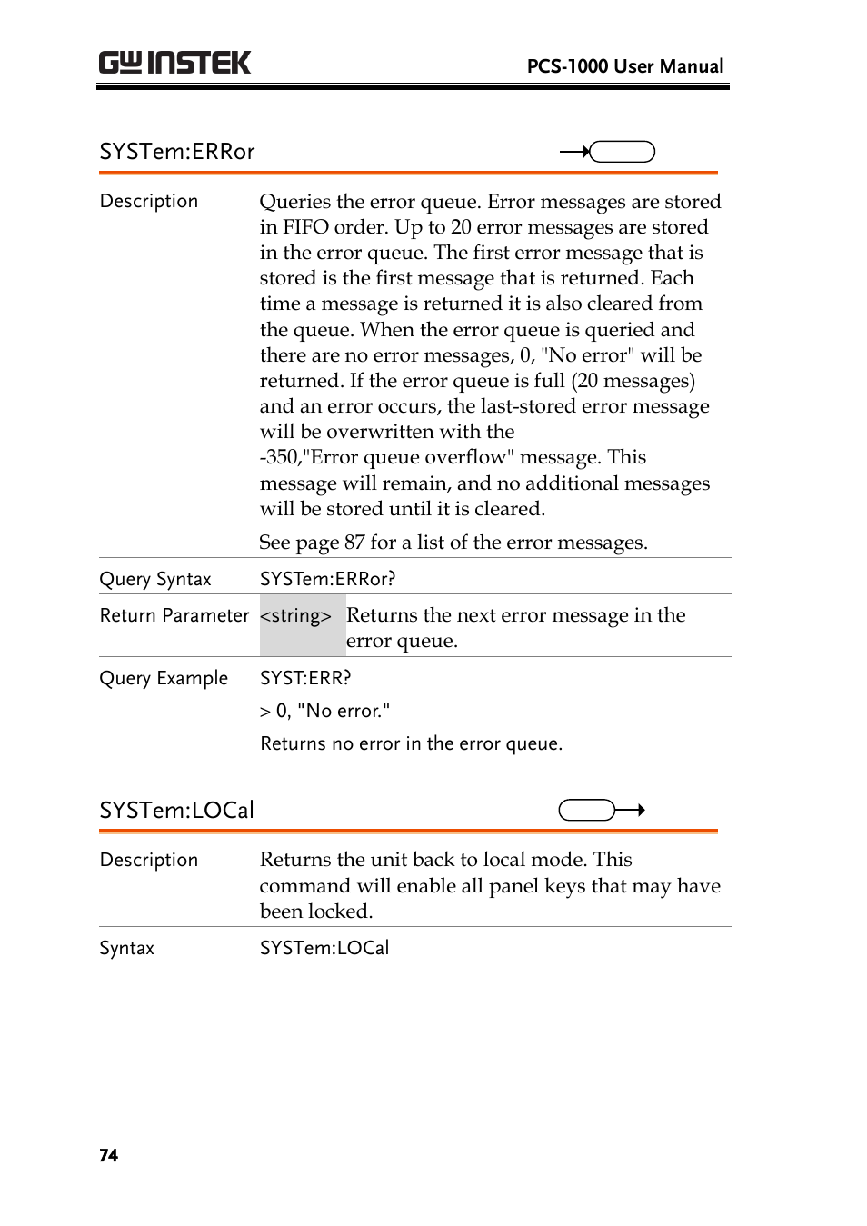 System:error, System:local | GW Instek PCS-1000 User Manual | Page 74 / 93