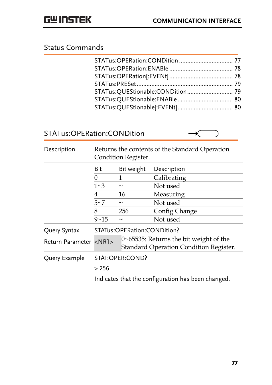 Status commands, Status:operation:condition | GW Instek PCS-1000 User Manual | Page 77 / 93