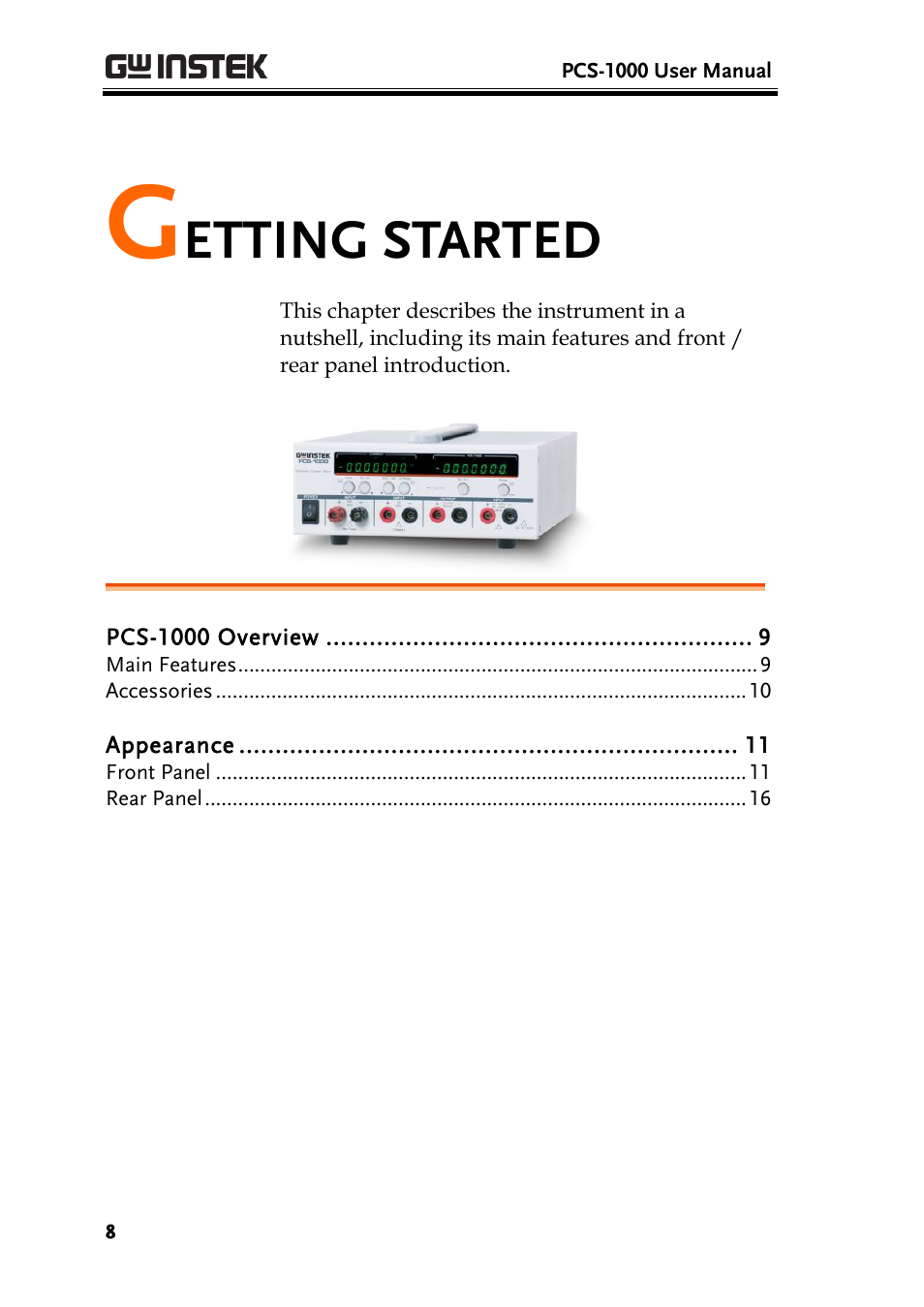 Getting started, Etting started | GW Instek PCS-1000 User Manual | Page 8 / 93