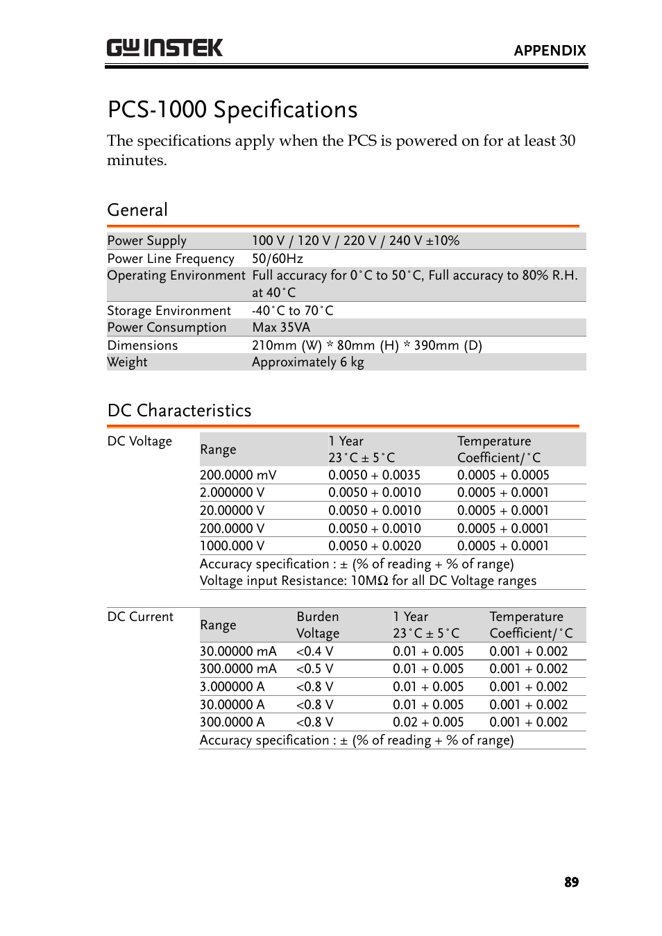 Pcs-1000 specifications, General, Dc characteristics | GW Instek PCS-1000 User Manual | Page 89 / 93