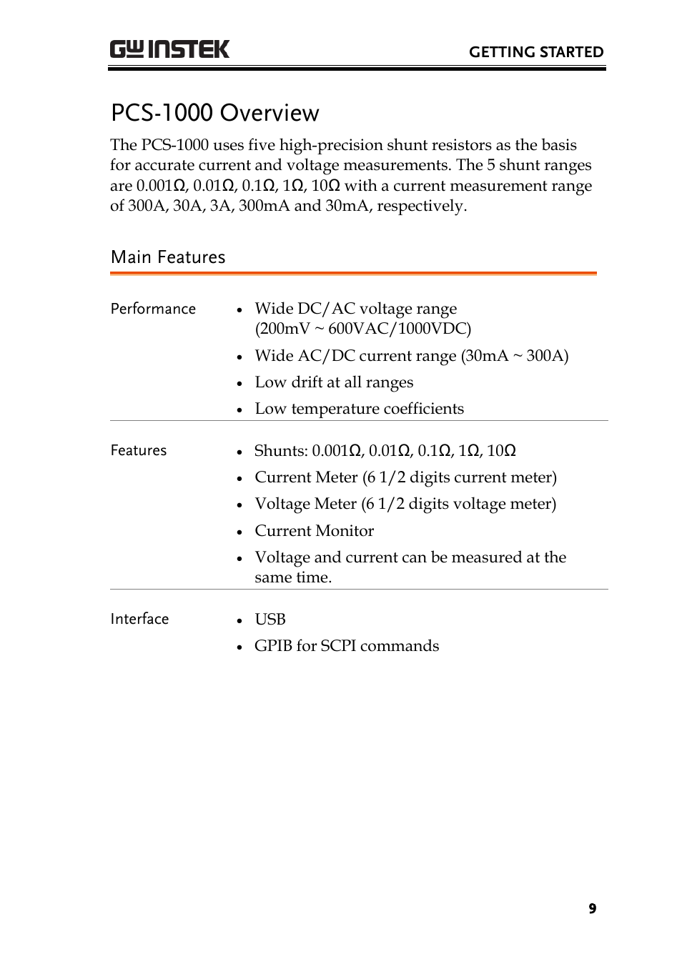 Pcs-1000 overview, Main features | GW Instek PCS-1000 User Manual | Page 9 / 93