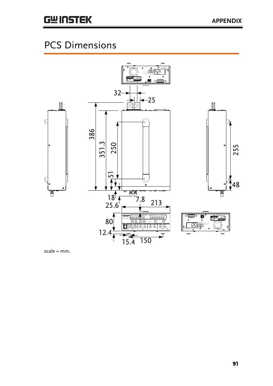 Pcs dimensions, Appendix | GW Instek PCS-1000 User Manual | Page 91 / 93