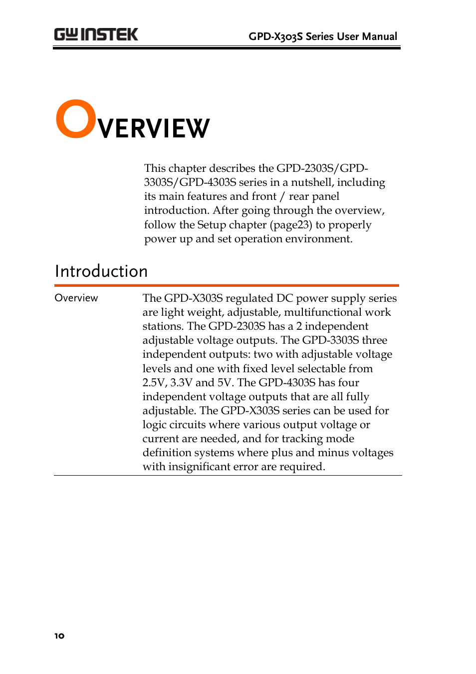 Introduction, Verview | GW Instek GPD-4303S User Manual | Page 10 / 59