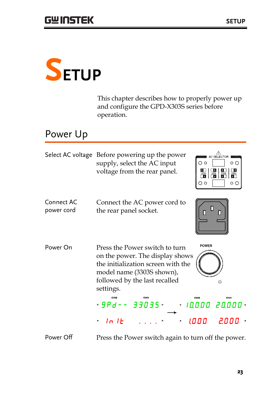 Power up, Etup | GW Instek GPD-4303S User Manual | Page 23 / 59