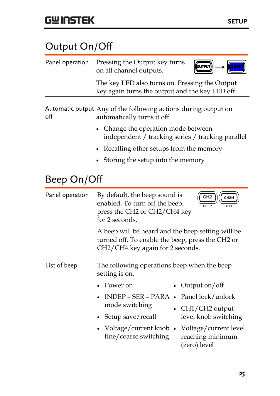Output on/off, Beep on/off, Output on/off beep on/off | GW Instek GPD-4303S User Manual | Page 25 / 59