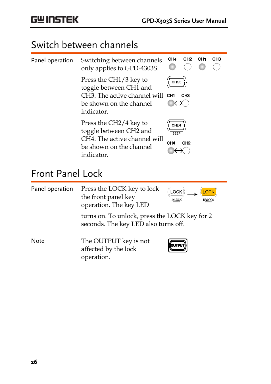 Switch between channels, Front panel lock, Operation | Switch between channels front panel lock | GW Instek GPD-4303S User Manual | Page 26 / 59