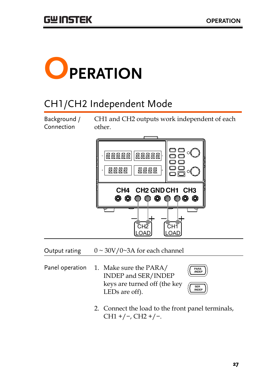 Ch1/ch2 independent mode, Peration, Ge27 | GW Instek GPD-4303S User Manual | Page 27 / 59
