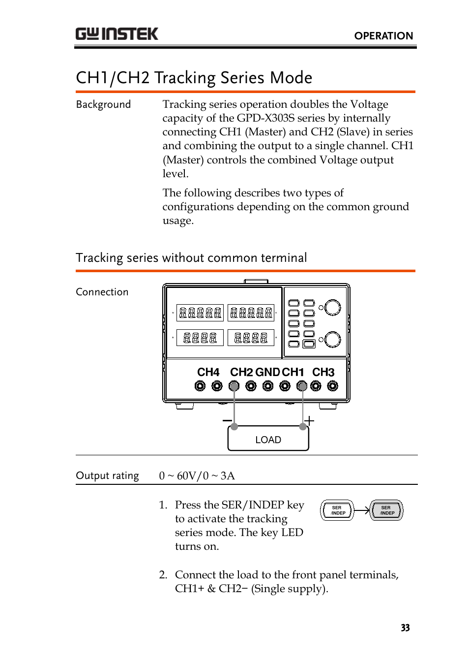 Ch1/ch2 tracking series mode, Tracking series without common terminal | GW Instek GPD-4303S User Manual | Page 33 / 59