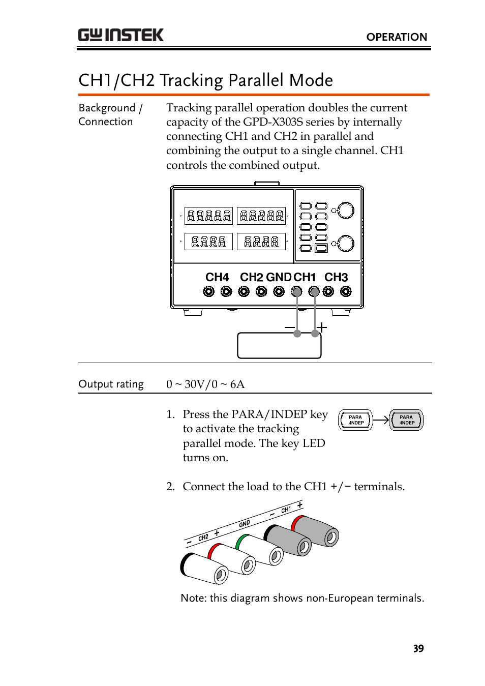Ch1/ch2 tracking parallel mode | GW Instek GPD-4303S User Manual | Page 39 / 59